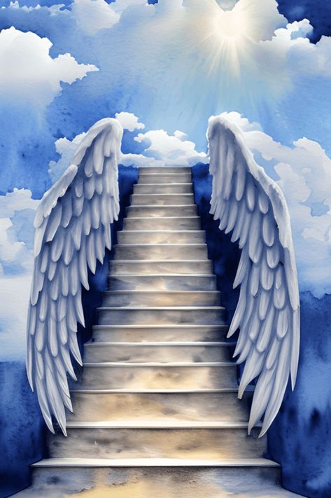 Staircase To Heaven Drawing, Angel Wings Background, Headstone Ideas, Azure Color, Heaven Images, Heaven Pictures, Heaven Wallpaper, Stairs To Heaven, Blue Roses Wallpaper