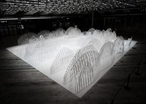 Japanese design studio Nendo made a mountain range from laser-cut foamboard at the entrance to the Stockholm Furniture & Light Fair Mountain Installation, Design Japonais, Color Plan, Landscape Model, Furniture Light, Creative Event, Paper Cut Art, Museum Exhibition, Exhibition Space