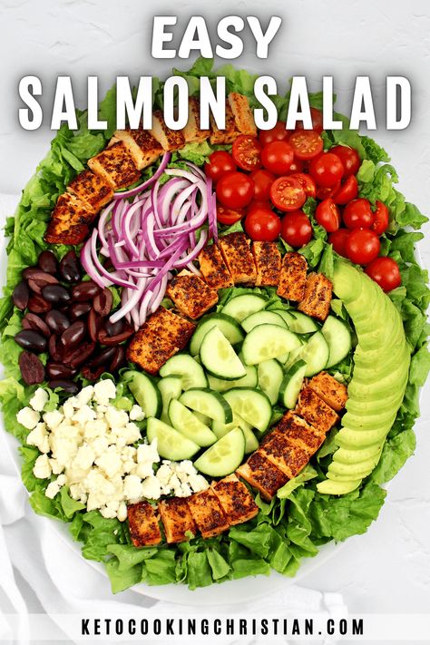 Easy Salmon Salad Easy Salmon Salad is loaded with crisp veggies and drizzled with a light and refreshing lemon vinaigrette your family will love! #ketosalmon #ketosalad #lowcarbsalmon #salmon Salmon Bites Salad, Baked Salmon Salad Recipes, Low Carb Salad Dressing, Low Carb Salmon, Keto Salmon, Salmon Salad Recipes, Delicious Seafood Recipes, Salmon Dinner, Easy Salmon