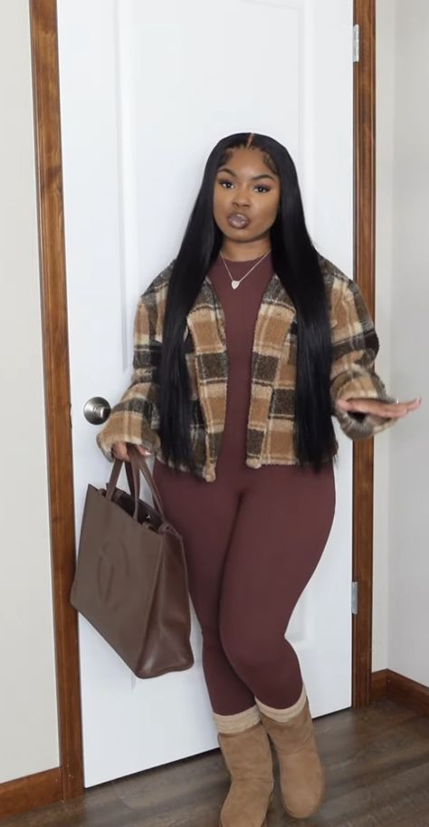 Chill Thanksgiving Outfits Women, Fall Winter Outfits Shein, Pumpkin Patch Ideas Outfits, Thanksgiving Outfit Black Women Casual, Winter Clothing Black Women, Black Woman Thanksgiving Outfit, Cold Weather Outfit Black Women, Fall/winter Outfits Blackgirl, Jumpsuit And Flannel Outfit