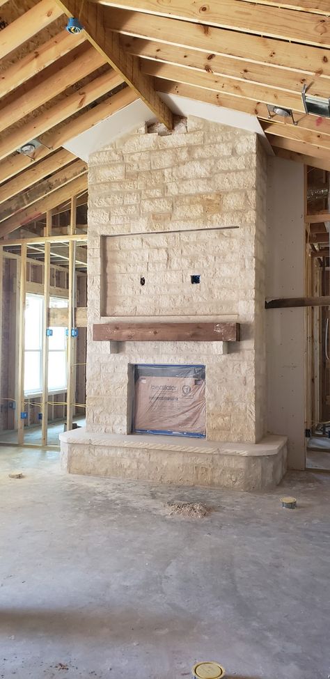 Fireplace Exterior Chimney, Limestone Veneer Fireplace, Limestone Chimney, Hacienda Fireplace, Stone Fireplace With Hearth, Propane Fireplace Indoor, Limestone Fireplace Hearth, Limestone Hearth, Travertine Fireplace