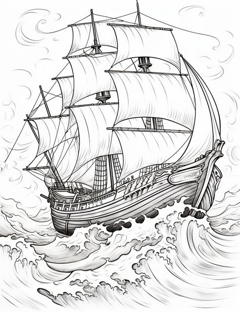 Old Ships Drawing, Pirate Ship Tattoo Stencil, Pirate Ship Drawing Reference, Old Sailing Ships Drawing, Pirate Ship Art Drawing, Pirate Ship Coloring Page, Pirate Ship Drawing Sketches, How To Draw A Ship, Pirate Boat Drawing