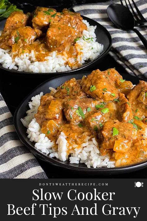 This slow cooker beef tips and gravy recipe delivers tender melt in your mouth chunks of beef swimming in a savory rich gravy. Beef Chunks Recipes, Beef Tips And Gravy Recipe, Slow Cooker Beef Tips, Beef Tips And Rice, Crock Pot Beef Tips, Beef Tip Recipes, Beef Tips And Gravy, Crockpot Appetizers, Crock Pot Desserts