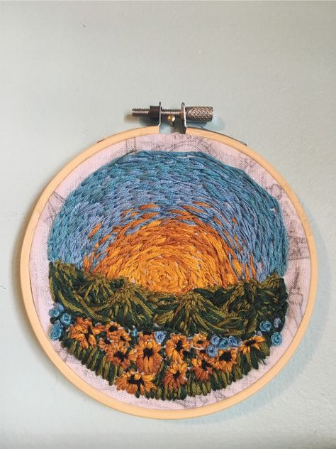 Sunrise Embroidery, Sunset Embroidery Pattern, Embroidery Landscape Easy, Beach Sunset Embroidery, Mountain Sunset Embroidery, Mountain Landscape Embroidery, Denim Jacket Embroidery, Sunrise Mountain, Name Embroidery