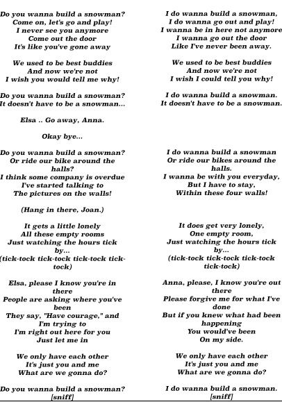 Left: do you wanna build a snowman lyrics from the movie (Anna version) Right: words that I made up (Elsa version) Do U Wanna Build A Snowman, Do You Wanna Build A Snowman, Snowman Lyrics, Sia Lyrics, Snowman Songs, Notes For Friends, Wanna Build A Snowman, Lyric Pranks, Not Musik