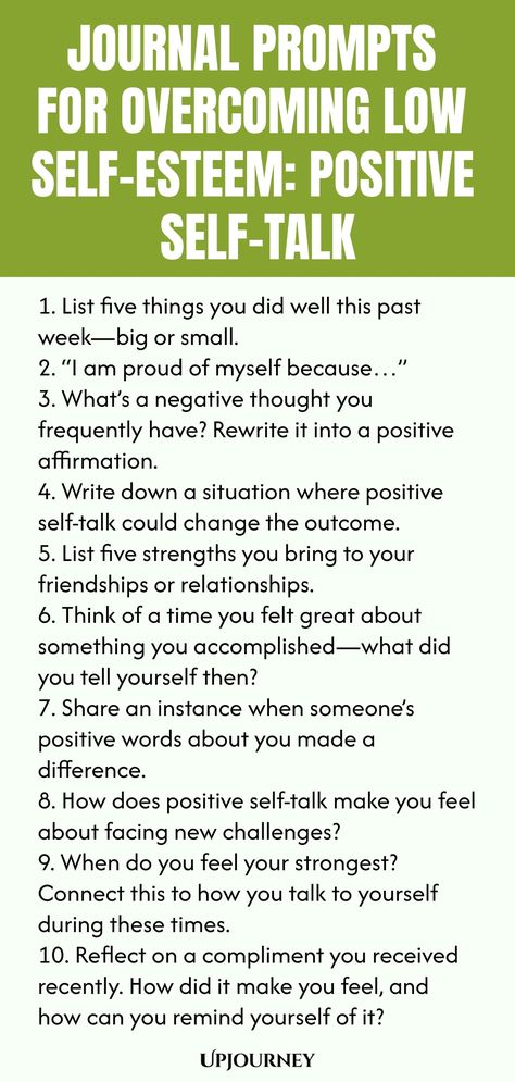 Explore these empowering journal prompts designed to help you overcome low self-esteem by practicing positive self-talk. Start your journey towards boosting self-confidence and embracing self-love today. Reflect, grow, and nurture a healthier mindset with these thoughtful prompts. #selfcare #journaling #mentalhealth. Positive Self Talk Activities For Adults, Limerence Aesthetic, Self Esteem Journal Prompts, Positive Journaling, 100 Journal Prompts, Journalling Inspiration, Improvement Journal, Self Love Journal Prompts, Positivity Journal