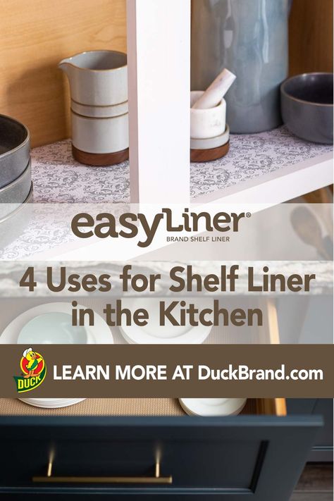 The first step to a clean and organized kitchen? Choosing the right shelf liner for the project. Find out which types to use in cupboards, drawers and more. Kitchen Liners, Non Adhesive Shelf Liner, Organized Kitchen, Shelf Liners, Shelf Liner, Organizing Ideas, Household Hacks, The Project, Kitchen Organization