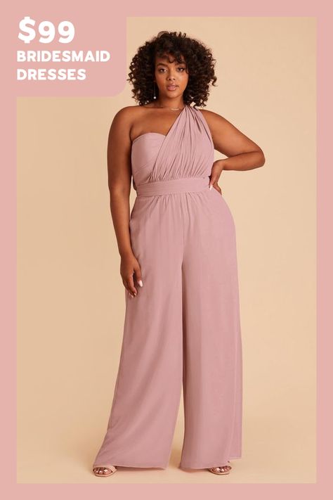 On top, Gigi is reminiscent of our Grace Convertible Dress. She has a pleated sweetheart bodice and two extra-long streamers that allow you to create a near-endless number of necklines. Gigi has bra cups for extra support and hidden pockets, so youre never too far from your lip gloss. Just a note, the spaghetti straps are super long, so you might want to alter them, depending on which way you decide to arrange the top. On the bottom, shes got PANTS! Gigi is our very first bridesmaid jumpsuit and Wedding Jumpsuits, Mulberry Bridesmaid Dresses, Rose Bridesmaid Dress, Gray Jumpsuit, Taupe Bridesmaid Dresses, Bridesmaid Dress Chiffon, Bridesmaids Jumpsuits, Blush Pink Bridesmaid Dresses, Rose Bridesmaid Dresses