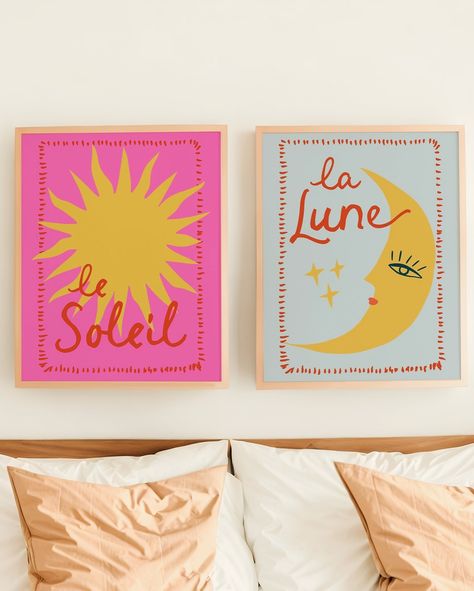 Whilst I don’t want to take *all* the credit, ever since I posted that reel about June needing to be sunny… it’s been sunny 🤷🏻‍♀️ Simple case of cause and effect ☀️ So, today I’m celebrating the return of the sun with the Le Soleil print. It’s available in 3 colours (➡️ to see) and there’s the option to create your own mini gallery wall by adding the matching La Lune moon print too ☀️🌙 #pinkhome #homedecor #dopaminedecor#interiorinspo #gallerywall #happywalls #colourfulinteriors #ukhomes ... Mini Gallery Wall, Sunshine Energy, Moon Vibes, College House Decor, Sun Moon Illustration, Sun Painting, Minimal Painting, Wedding Congratulations Card, Sun Illustration