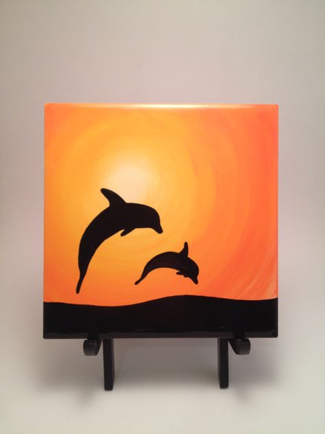 Dolphins Canvas Painting Ideas Dolphins, Dolphin Canvas Painting Easy, Simple Dolphin Painting, Dolphin Sunset Painting, Dolphin Oil Pastel, Oil Pastel Mini Art, Dolphin Canvas Painting, Oil Painting Easy Simple, Sunset Easy Paintings