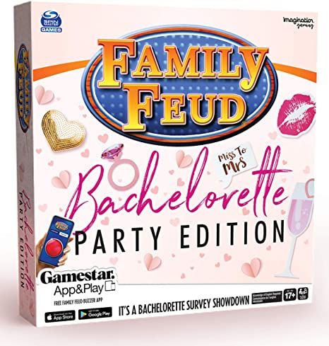 Amazon.com: Family FEUD Bachelorette Party Edition Card Game, Adult Questions Too Hot for TV, 150 Question Cards, 50 Fast Money Cards, Complementary App with Sound Effects from The Show : Toys & Games App Play, Bachelorette Games, Tv Show Games, Bachelorette Party Games, Question Cards, Kids Gift Guide, Money Cards, Family Feud, Party Guests