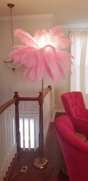 DIY Ostrich Feather Lamp Diy Feather Lamp, Diy Ostrich Feather, Christmas Gift Diys, Ostrich Feather Decor, Ostrich Feather Lamp, Rental Diy, Flamingo Feather, Flamingo Room, Office Mood Board