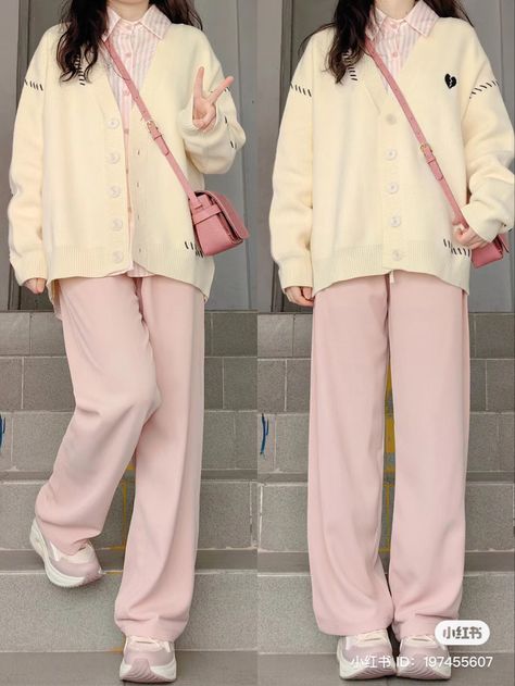 Pink Aesthetic Winter Outfit, Kawaii Business Casual, Kawaii Office Outfit, Colorful Korean Outfits, Chinese Cute Outfits, Pink Pants Outfit Winter, Minimal Core Aesthetic, Korean Fashion Pink, Pink Cardigan Outfit