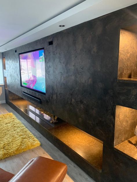 Venetian Plaster Interior Design Manchester Cheshire - Venetian Plastering North West. - Luxury TV wall Venetian Plaster Tv Wall, Textured Plaster Fireplace, Plaster Interior Design, Plastering Walls Ideas, Plastering Walls, Venetian Plastering, Plaster Interior, Luxury Tv Wall, Textured Feature Wall