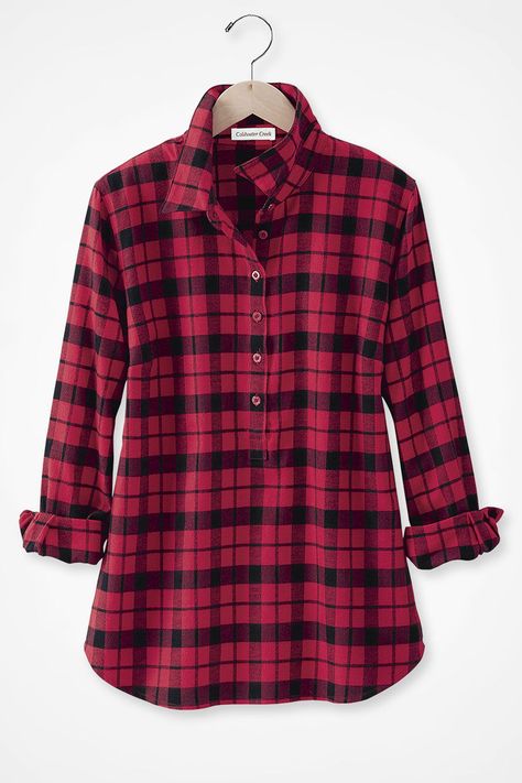 Our comfortable pullover is an easy choice, invitingly soft in brushed double-faced flannel. Buttoned half-placket, shirttail hem. Linen Ankle Pants, Womens Knit Tops, Plaid Pullover, Plaid Tunic, Knit Denim, Casual Stripes, Tunic Styles, Coldwater Creek, Striped Linen