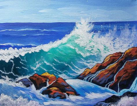 Ocean Wave Crashing on Rocks painted by  Alyssa Boran inspired by our YouTube Video tutorial for acrylic painting at Ginger Cook Live;https://youtu.be/2I5GuaNucJI?list=PLXrCLGr8eRP59Z3iH-ROIwcwoaoD-Dvrr Waves Crashing On Rocks Painting, Wave Crashing On Rocks, Waves Crashing On Rocks, Wave Crashing, Ocean Paintings, Rocks Painting, Tree Drawings Pencil, Rock Painting Tutorial, Rocks Painted