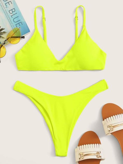 Neon Yellow Outfit, Pretty Summer Tops, Bright Fabrics, Yellow Outfit, Spaghetti Strap Top, Summer Bikinis, Womens Bathing Suits, Short Sleeve Cropped Top, Strap Top