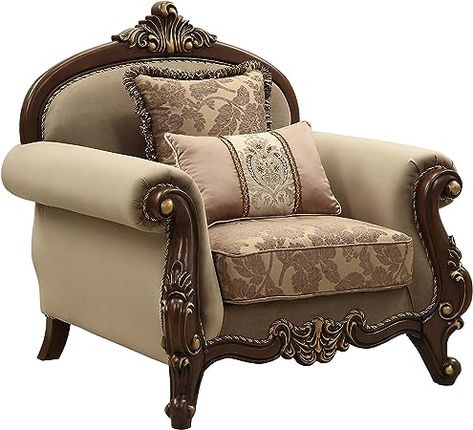 Acme Furniture Mehadi Sofa, Tan and Floral Fabric, Walnut Wood Trim Tufted Chairs, Html 5, Patterned Chair, Chair Wood, Chair And A Half, Elegant Sofa, Acme Furniture, Living Room Collections, Wooden Sofa