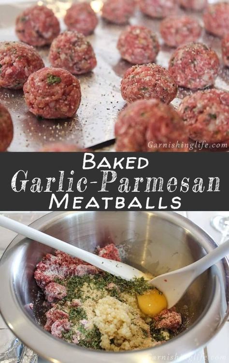 Baked Garlic-Parmesan Meatballs are a great topping on your favorite pasta or for filling your Meatball Subs. The meatballs are flavorful and hold their shape perfectly! Also check out our recipe for the Perfect Meatball Sub!  #beef #meatballs #pasta #spaghetti #garlic #parmesan #recipe # yummy #garnishinglife Garlic Parmesan Meatballs, Perfect Meatballs, Parmesan Meatballs, Meatball Recipes Easy, Meatball Subs, Beef Meatballs, Salad Pasta, Baked Garlic, Menu Planners