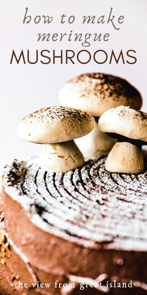 Dessert Mushrooms, Mushroom Dessert Ideas, Marshmallow Mushrooms, Forest Party Desserts, Woodland Desserts, Macaroon Mushroom, Diy Mushroom Cake, Mushroom Themed Food, Woodland Food