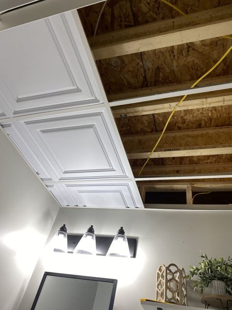 Stunning Suspended Ceiling You Can DIY! - Home With Krissy Drop Ceiling Bathroom, Bathroom Drop Ceiling, Modern Suspended Ceiling, Dropped Ceiling Ideas, Modern Drop Ceiling Ideas, Drop Ceiling Lighting Ideas, Modern Drop Ceiling, Creative Ceiling Ideas, Toilet Farmhouse