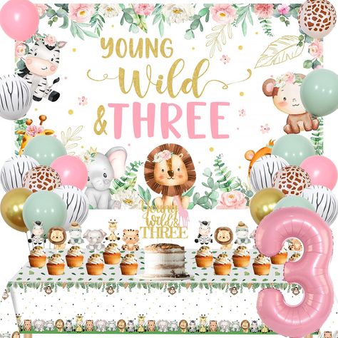 Wild And 3 Birthday Party Girl, Wild Three Birthday Party Girl, Three Birthday Theme Girl, Young Wild And Three Birthday Girl, Girl 3rd Birthday Party Ideas, Young Wild And Three Birthday Cake, Three Year Old Birthday Party Girl, Wild And Three Birthday Girl, 3 Year Birthday Theme Girl