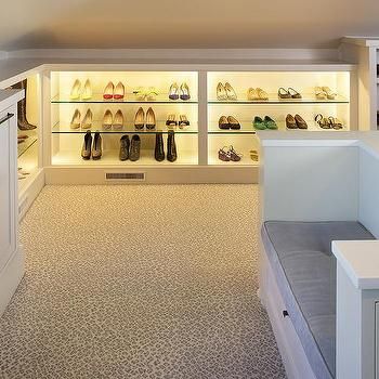 Walk In Closet with Leopard Print Carpeting Closet Carpet Ideas, Closet Carpet, Small Attic Renovation, Attic Design Ideas, Small Attics, Attic Staircase, Attic Doors, Attic Closet, Attic Playroom