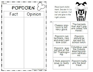 Great FREEBIE lesson using popcorn to teach fact and opinion.  Includes some math as well Fact Vs Opinion, Fact And Opinion Worksheet, First Classroom, Reading School, Reading Facts, 2nd Grade Writing, 1st Grade Writing, First Grade Writing, Third Grade Reading