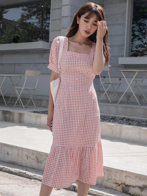 DAZY Gingham Print Ruffle Hem Puff Sleeve Dress | SHEIN UK Harvest Dress, Pink Gingham Dress, Puff Sleeves Dress, Green Silk Dresses, Magenta Dress, Oh Polly Dresses, Puff Sleeve Dress, Pink Pattern, Sleeves Dress