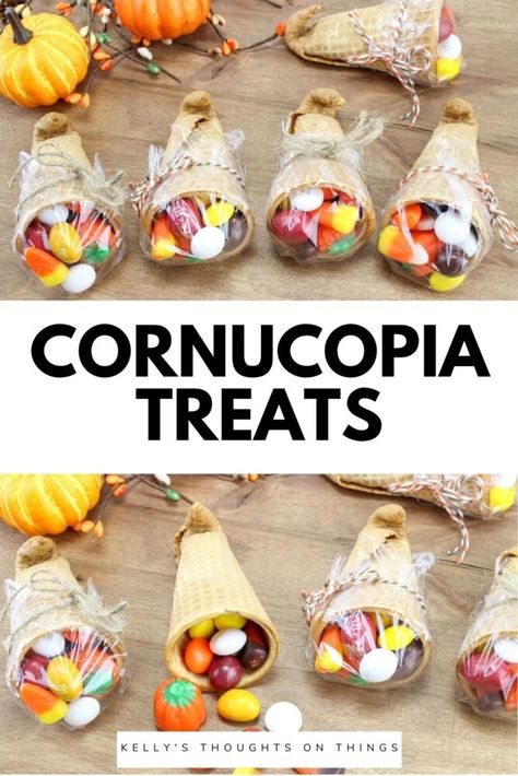 Cornucopia Treats are a must-make this Thanksgiving! Sweet sugar cones are filled with the best fall candy and wrapped up to giveaway as a Thanksgiving treat the whole family will enjoy! #FallTreats #Autumn #cornucopia #kidfriendly #diy Fall Class Party Treats, Cornucopia Fruit Cone, Cornucopia Snack Ideas, Sugar Cone Cornucopia Treats, Thanksgiving Candies Treats, Thanksgiving Candy Cornucopia, Cornucopia Candy Favors, Sugar Cone Cornucopia, Fruit Cornucopia For Kids