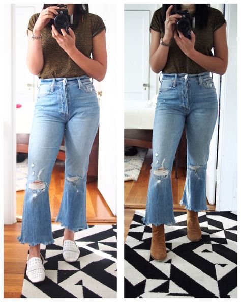 How to Shorten Your Cropped Flare Jeans (and Keep the Raw Hem) | The Mom Edit Shoes For Cropped Flare Jeans, Cropped Denim Jeans Outfit, How To Shorten Flare Jeans, Cropped Flair Jeans Outfit, Flare Jeans 2023, Flare Crop Jeans Outfit, Cropped Jeans Outfit Summer, Kick Flare Jeans Outfit, Cropped Flare Jeans Outfit