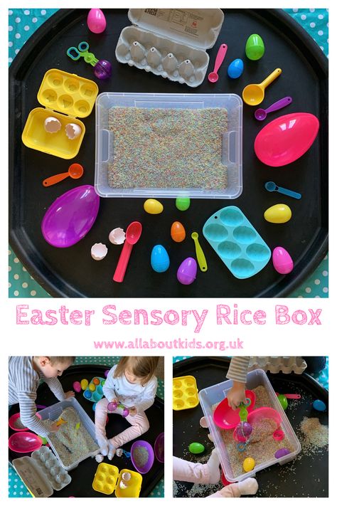 A fun sensory Easter box that is perfect for toddlers and children to play and explore. Baby Messy Play Ideas, Rice Box, Easter Activities For Preschool, Easter Crafts Preschool, Easter Math, Baby Sensory Play, Easter Activities For Kids, Eyfs Activities, Toddler Easter