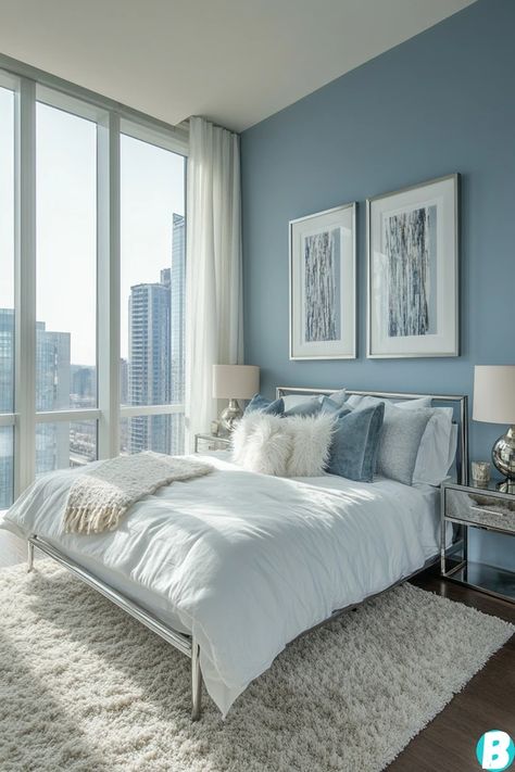 31 Beautiful Blue Gray Bedroom Ideas to Refresh Your Space – Offbeatbros Blue And Grey Room Aesthetic, Gray And Navy Bedroom, Blue Gray Bedroom Ideas, Dusty Blue Bedroom Ideas, Gray Blue Bedroom, Navy Bedroom Ideas, Aesthetics Picture, Blue And Cream Bedroom, Light Blue Rooms