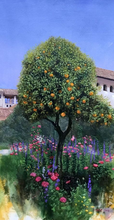 Paulo Jimenez, Under the Orange Tree Light, Painting, Oil on Canvas, 2019 Sunroom Mural, Orange Tree Drawing, Mango Tree Painting, Fruit Tree Painting, Orange Tree Painting Acrylic, Orange Tree Aesthetic, Oranges On Tree, Orange Tree Blossom, Painting Of Orange Tree