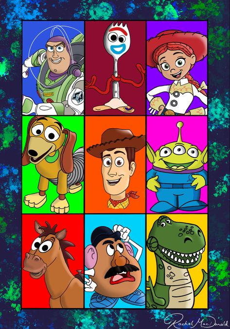 Toy Story Acrylic Painting, Painting Ideas On Canvas Toy Story, Disney Collage Drawing, Toy Story Painting Ideas, Cartoon Collage Drawings, Toy Story Canvas Painting, Toy Story Characters Drawings, Disney Character Paintings, Disney Character Paintings On Canvas