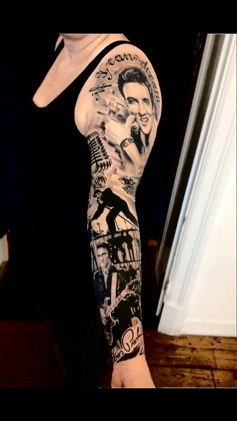 Elvis Presley Tattoos Elvis Sleeve Tattoo, Elvis Presley Tattoo Ideas Small, Rockabilly Tattoo Sleeve, Elvis Presley Tattoos, Elvis Presley Tattoo, Music Tats, Elvis Presley Las Vegas, Church Tattoo, Elvis Tattoo