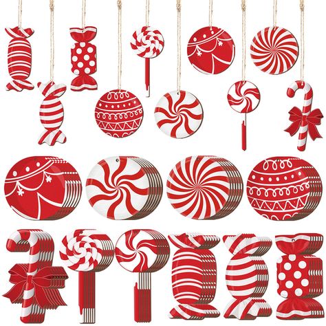 Red And White Christmas Ornaments, Candy Theme Decorations, Lollipop Decorations, Candy Props, Christmas Tree And Fireplace, White Christmas Ornaments, Red And White Christmas, Candy Ornaments, Candy Theme