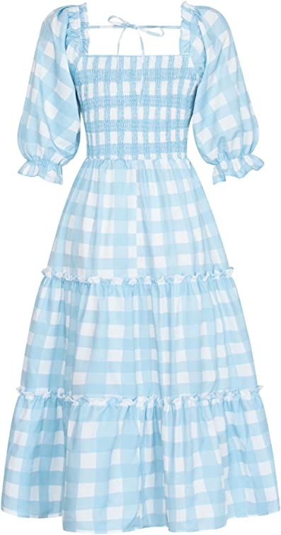 Easyoyo Women's Smocked Dress Square Neck Puff Sleeve Flounce Sleeve A Line Maxi Dress, Blue Plaid, Small : Amazon.ca: Clothing, Shoes & Accessories Blue Gingham Dress, Womens Long Skirt, Spring Dresses Casual, Princess Skirt, Printed Casual Dresses, Basic Skirt, Cute Princess, Summer Fashion Dresses, Mothers Dresses