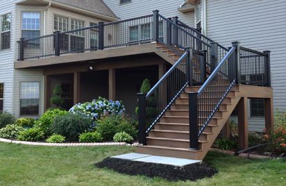 Tan and black Brown And Black Deck, Decks Ideas, Elevated Deck, Black Railing, Deck Building Plans, Deck Renovation, Tan House, Pond House, Staircase Outdoor