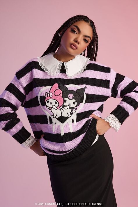 My Melody & Kuromi Striped Sweater Kuromi Sweater, Hello Kitty Forever 21, Blue Hello Kitty, Aesthetic Widgets, Beach Icon, My Melody Kuromi, Hello Kitty Collection, Friends Fashion, My Melody