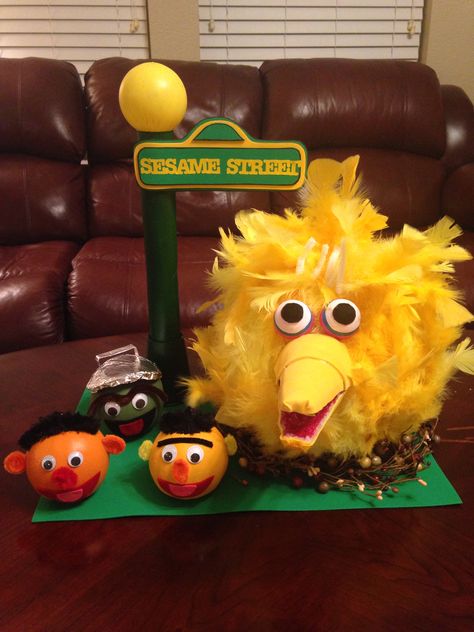 Sesame Street pumpkin contest for work. Office Pumpkin Decorating, Big Bird Pumpkin Decorating, Sesame Street Pumpkin Painting Ideas, Class Pumpkin Contest, Big Bird Pumpkin, Sesame Street Pumpkins, No Carve Pumpkin Decorating Contest Winners, Winning Pumpkin Contest Ideas, Pumpkin Contest Ideas