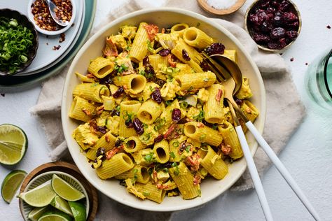 Curried Chicken Pasta Salad with Dried Fruit and Roasted Red Peppers Spicy Chicken Pasta Salad, Roasted Red Pepper Pasta Salad, Sun Dried Tomato Couscous, Chicken Roasted Red Peppers Pasta, Roasted Red Pepper Feta Pasta, Red Pepper Curry, Sweet Potato Gratin, Chicken Penne, Gluten Free Sweet Potato