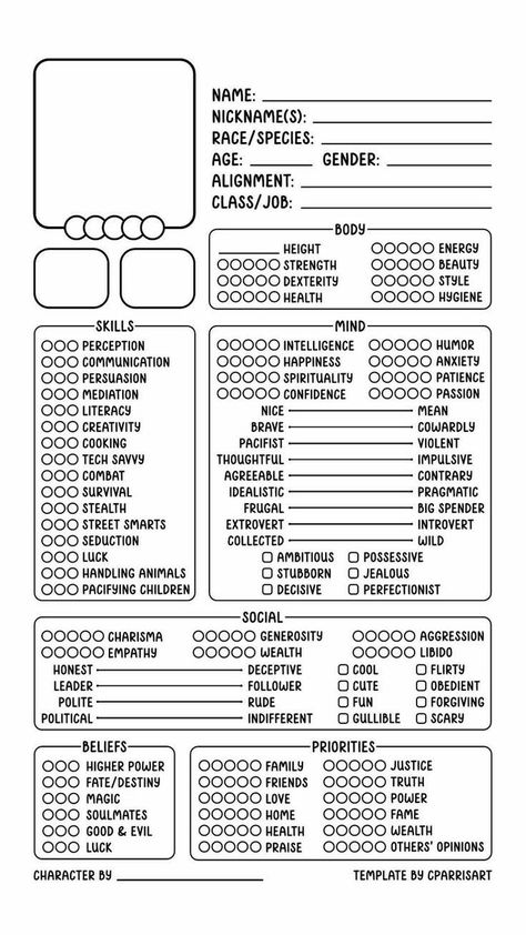 Character Sheet Writing, خريطة ذهنية, About Me Template, Character Sheet Template, Bullet Journal Mood Tracker Ideas, Drawing Ideas List, Character Template, Creative Drawing Prompts, Bullet Journal Mood