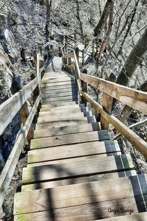 Challenging but stunning hike: Some of the 316 stairs on Spring Trail at Ha Ha Tonka State Park in Missouri Ha Ha Tonka State Park, Camdenton Missouri, Missouri Vacation, Ha Ha Tonka, Missouri Travel, Castle Ruins, Natural Bridge, Going Places, Ha Ha