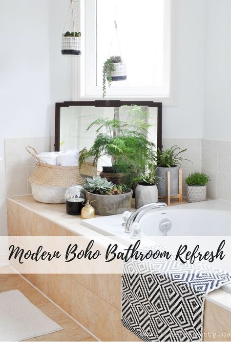 Modern Boho Bathroom Refresh -fresh white paint, a DIY tub tray, beads, candles, and lots and lots of plants turned this bathroom from boring to boho in just a few days. Plants By Bathtub, Bathtub Plants Decor, Plants Around Tub, Plants Around Bathtub, Diy Tub Tray, Bathtub Plants, Diy Tub, Grey Interior Doors, Modern Boho Bathroom