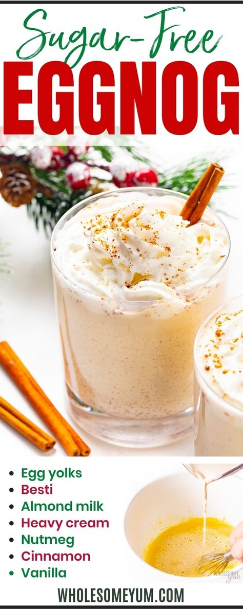 Sugar-Free Keto Eggnog Recipe - This EASY keto eggnog recipe is rich, creamy, and tastes just like the real thing, without sugar. Add bourbon to sugar-free eggnog to turn it into a holiday cocktail! #wholesomeyum Keto Eggnog Low Carb, Keto Egg Nog Recipe Homemade, Keto Eggnog Recipe, Keto Egg Nog, Wholesum Yum, Sugar Free Eggnog, Sugar Free Eggnog Recipe, Keto Drink Recipes, Paleo Eggnog