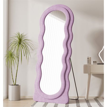 This stylish wavy full length standing mirror is a chic addition to any room, showcasing a lavish flannel full body mirror that brings a hint of contemporary sophistication. The sturdy MDF frame of the purple full length mirror is not just shatterproof, but also a tufted mirror encased in plush flannel fabric for a comfortable touch. Complete with a practical U-shaped stand, this purple floor mirror can stand alone or be wall-mounted based on your liking. Abstract floor mirror with swirl for sta Wall Decor For Room Bedrooms, Colorful Apartment Decor Bedroom, Room Decor Bedroom Amazon, Bedroom Mirror Decor Ideas, Purple Bedroom Wall Decor, Full Length Mirror In Bedroom Decor, Home Decor Purple, Danish Pastel Wall Decor, Purple Furniture Bedroom