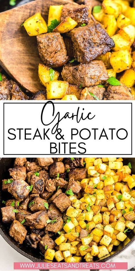 The perfect meal when you need dinner in a hurry that is hearty and delicious! This recipe for Garlic Butter Steak and Potatoes is full of tender, juicy pieces of steak with crispy potatoes tossed in garlic butter. Ready in under 30 minutes! Slow Cooker Steak Bites And Potatoes, Chuck Roast Crock Pot Recipes, Chuck Steak Recipes, Garlic Butter Steak And Potatoes, Butter Steak And Potatoes, Beef Chuck Steaks, Steak Dinner Recipes, Steak Dinners, Pot Roast Crock Pot Recipes