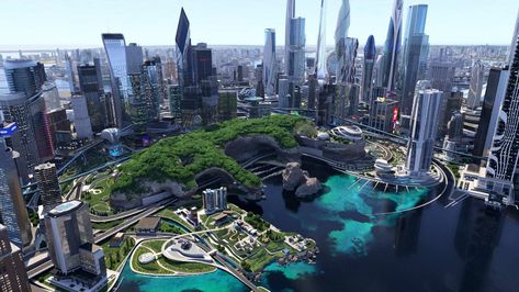 ArtStation - Future City the Dragon's paw Peninsula, Dovjan D. Urban Design Concept, Future Buildings, Sci Fi City, Skyscraper Architecture, Landscape Concept, Max On, Cityscape Art, Unique Buildings, Fantasy City