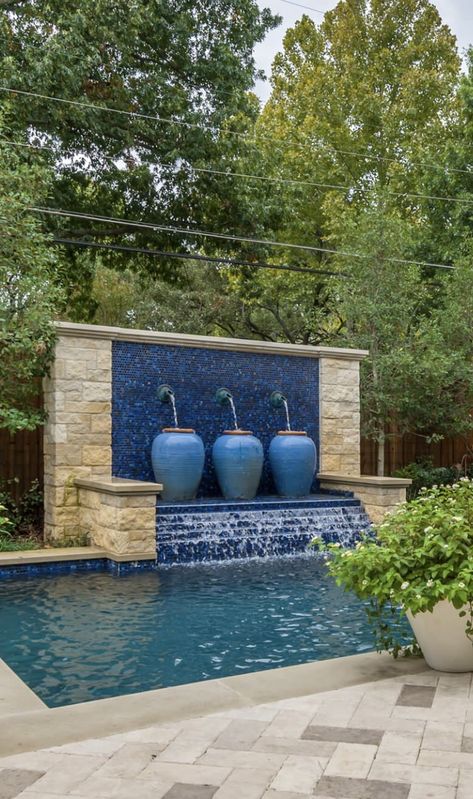 Spanish Swimming Pool Designs, Spanish Water Feature, Mexican Tile Pool Spanish Style, Spanish Revival Backyard Pool, Traditional Patio Doors, Spanish Water Fountain, Spanish Fountain, Traditional Patio, Spanish Casa